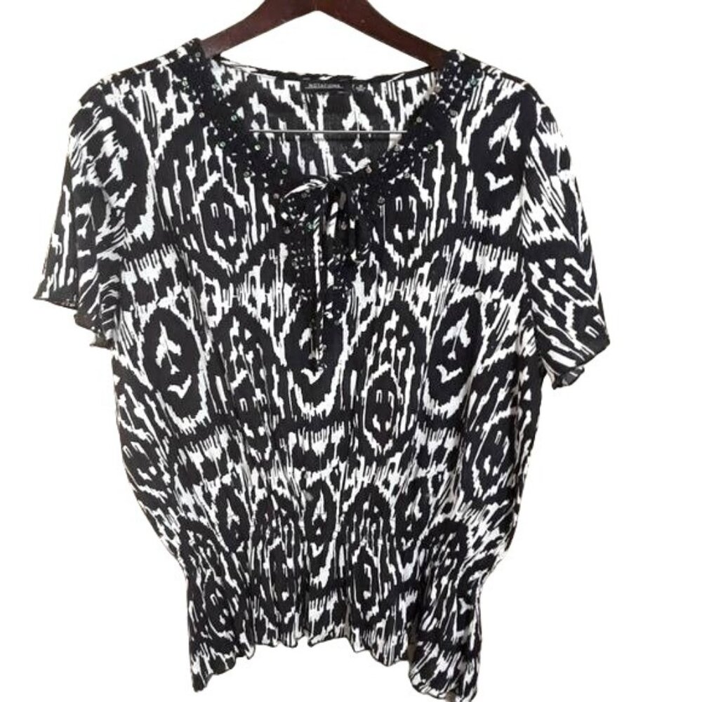 Notations  Peplum Blouse Black White Ikat Tribal Print Cotton